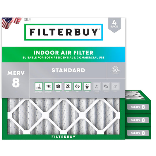 Filterbuy 10x10x2 Air Filter MERV 8 Essential Dust & Allergy Defense (4-Pack), Electrostatic Pleated HVAC AC Furnace Filters Replacement, Made in USA (Actual Size: 9.50 x 9.50 x 1.75)